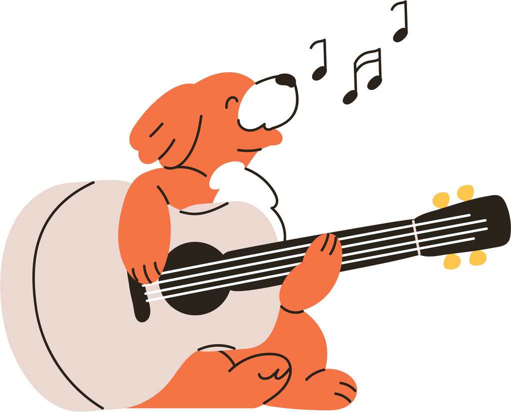 An orange puppy singing while strumming a guitar in a flowery meadow beside its doghouse, musical notes drifting up